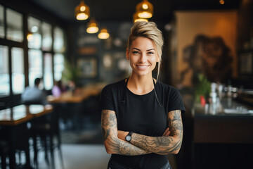 female barista with tattoo standing in coffee shop