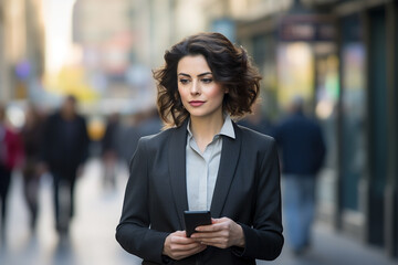 Fototapeta premium a business woman is dressed in a suit and her smartphone on a street full of people