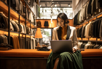 Fototapeta premium a beautiful young businesswoman sitting on a desk at clothing store