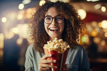Happy girl with bucket of popcorn