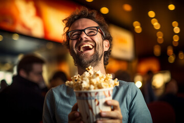 Happy man with popcorn bucket at party