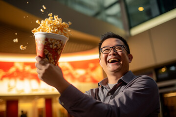 Happy man with popcorn bucket at party