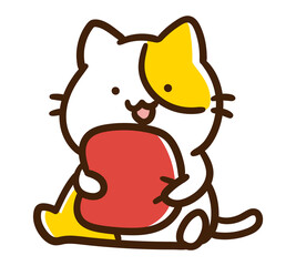 赤いクッションを抱きしめて座るかわいいねこのキャラクターのデフォルメイラスト