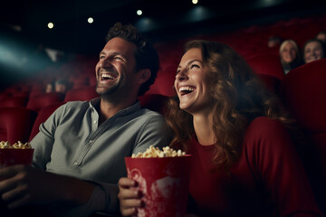 Happy couple with bucket of popcorn in movie theater