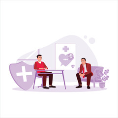 A male patient consults a doctor or psychiatrist about his health at a health clinic. Mental health concept. Trend Modern vector flat illustration