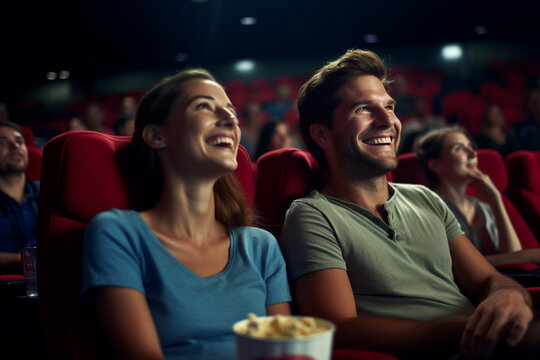 Happy couple with bucket of popcorn in movie theater