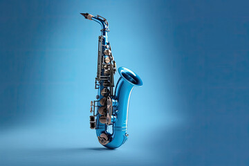 Saxophone isolated on blue background. Music concept. Generative Ai.