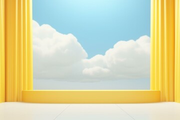 Empty stage with blue sky window, yellow wall, white clouds, and blank showcase. Generative AI