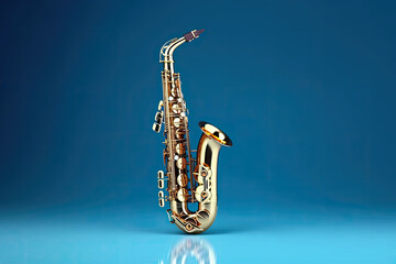 Saxophone isolated on blue background. Music concept. Generative Ai.