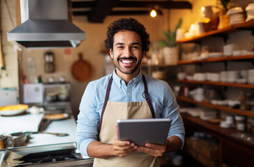 male chef holding a tablet to welcome customers