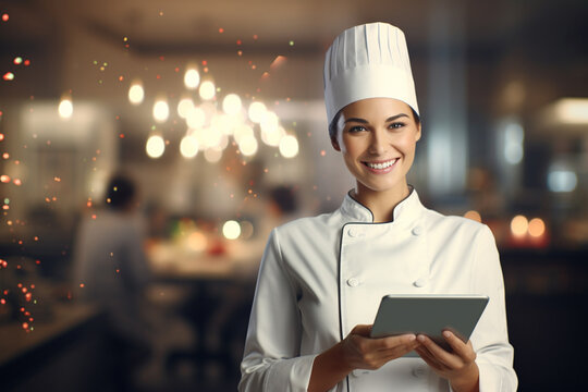 Female chef holding a tablet to welcome customers