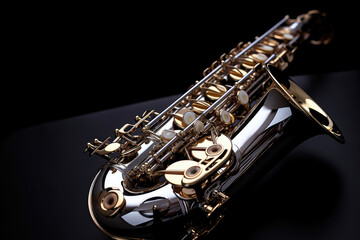 Obraz premium Saxophone jazz instruments. Saxophone music instrument closeup on black background. Generative Ai
