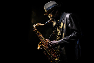 Naklejka premium Saxophone player Saxophonist playing jazz music instrument Jazz musician playing sax alto on black background. Generative Ai