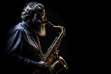 Naklejka premium Saxophone player Saxophonist playing jazz music instrument Jazz musician playing sax alto on black background. Generative Ai