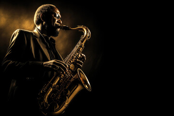 Saxophone player Saxophonist playing jazz music instrument Jazz musician playing sax alto on black background. Generative Ai