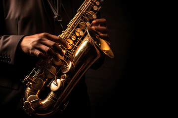 Saxophone player Saxophonist playing jazz music instrument Jazz musician playing sax alto on black background. Generative Ai - obrazy, fototapety, plakaty