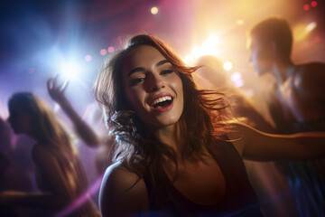 Fototapeta premium Pretty woman dancing happily at party