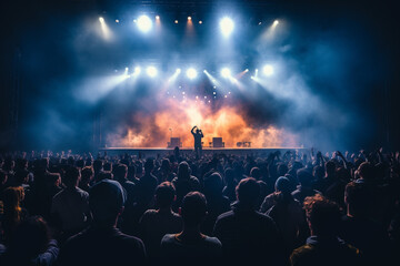 crowd of people watching concert in the evening time - obrazy, fototapety, plakaty