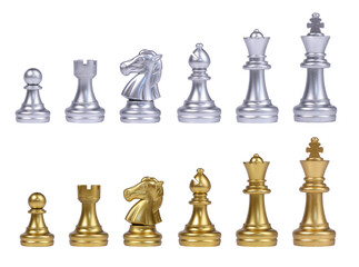 chess board game Set of golden and silver chess elements. King, queen rogue, bishop, knight, pawn on board. Isolated on white background.