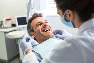A man happily goes to the dentist for a dental checkup