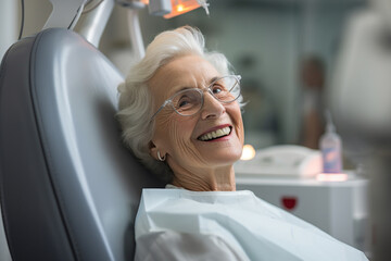 A senior woman happily goes to the dentist for a dental checkup