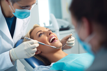 Fototapeta premium A woman happily goes to the dentist for a dental checkup