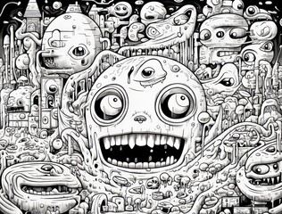 Alien Worlds - comic style coloring pages for coloring book -monster scene - psychedelic - wild eyes - highly detailed scene.  - obrazy, fototapety, plakaty