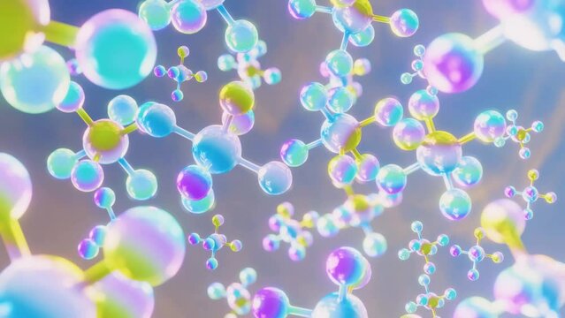 3D render animation of colorful molecules for a science or health beauty background. 