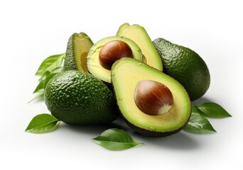 Avocado with leaves isolated on white background, Generative AI