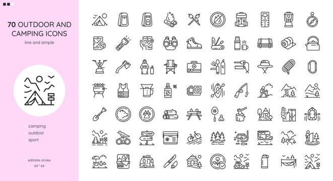 Camping and Outdoor Activities Icons Set. Camping tent, Smores, Raincoat, Thermos, Kettle, Quilt, Portable Chair, Fishing, Nature Walking,  Cooking, Outdoor Sport Games. Outline Signs Collection.	