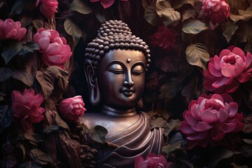 Buddha statue with red flowers background.Generative Ai