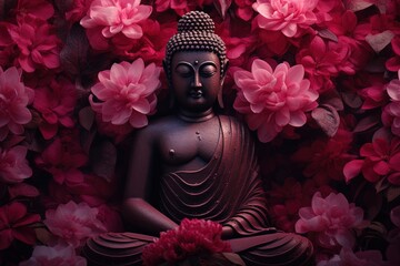Buddha statue with red flowers background.Generative Ai