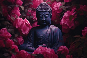 Buddha statue with red flowers background.Generative Ai - obrazy, fototapety, plakaty