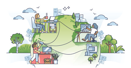 Rise of remote work culture as distant office job from home outline concept. Flexible workspace from distance for freelance employee vector illustration. Fast internet connection for online workplace