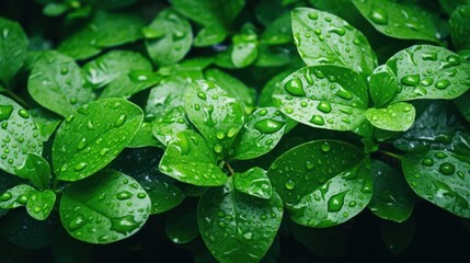 Naklejka premium Water drops on green leaves background. Natural green leaf background with copy space, Generative AI