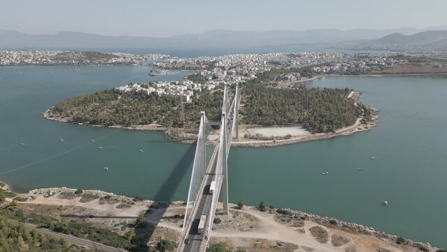Cinematic Aerial Cable-stayed bridge in Chalkis, Chalkida, Evia, Euboea, Greece from drone