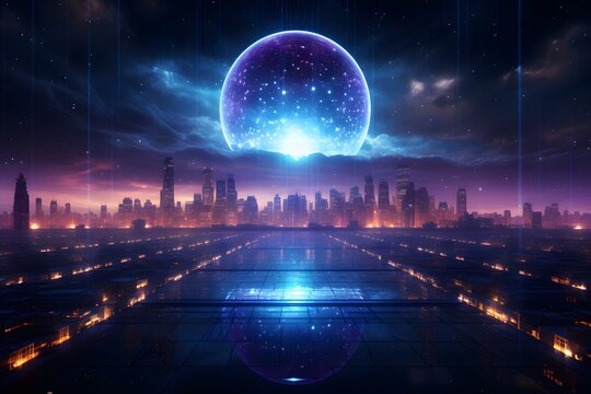 Holographic cyberspace cyberpunk grid planet simulation. Generated Ai
