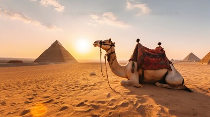 Camel with Colorful Saddle Back and the Great Sphinx of Giza at Golden Sunrise in the Desert.