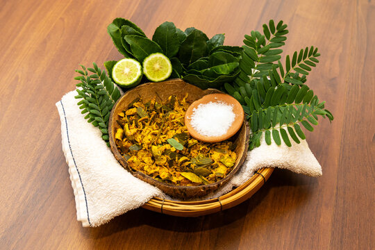 Herbs ingredients in bamboo basket for sauna or steam bath aroma therapy. Healthy lifestyle alternative medicine or relaxation.