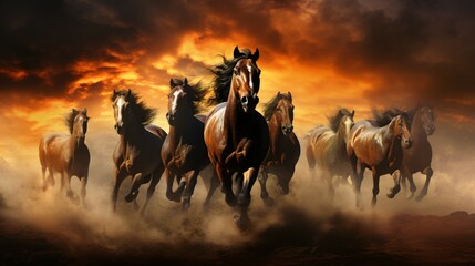 Fototapeta na wymiar Seven Horses in Canvas-Style Motion - Ideal for Artistic Projects.