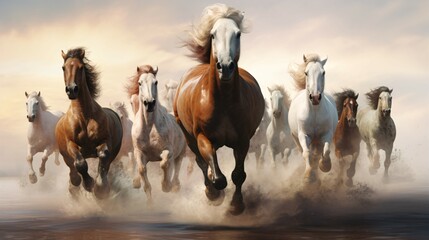 Seven Horses in Canvas-Style Motion - Ideal for Artistic Projects. - obrazy, fototapety, plakaty