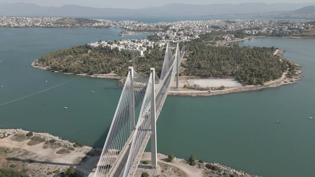 Cinematic Aerial Cable-stayed bridge in Chalkis, Chalkida, Evia, Euboea, Greece from drone