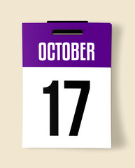 17 October Calendar Date, Realistic calendar sheet hanging on wall