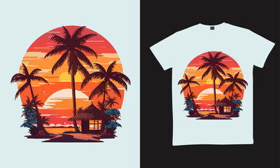 Summer t-shirt graphic design. Summer beach with house and palm trees vintage t-shirt design apparel and clothing
