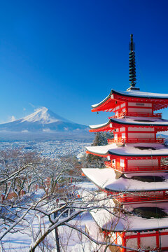 The five-story pagoda of Shinkurayama Sengen Shrine in the fresh snow and Mt. Fuji, Japan,Yamanashi Prefecture,Fujiyoshida, Yamanashi