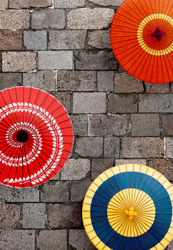 Stone pavement and Japanese umbrella, Kyoto prefecture,Japan