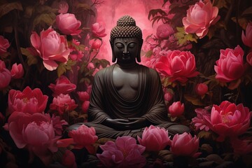 Buddha statue surrounded by pink peony flowers on dark background.Generative Ai