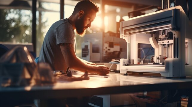 An engineer prints a prototype model on a 3d printer in a laboratory using equipment. Creativity, technology and 3d printing concept.