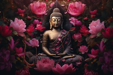 Buddha statue surrounded by pink peony flowers on dark background.Generative Ai