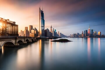 Fototapeta na wymiar city skyline at sunset generated by AI technology